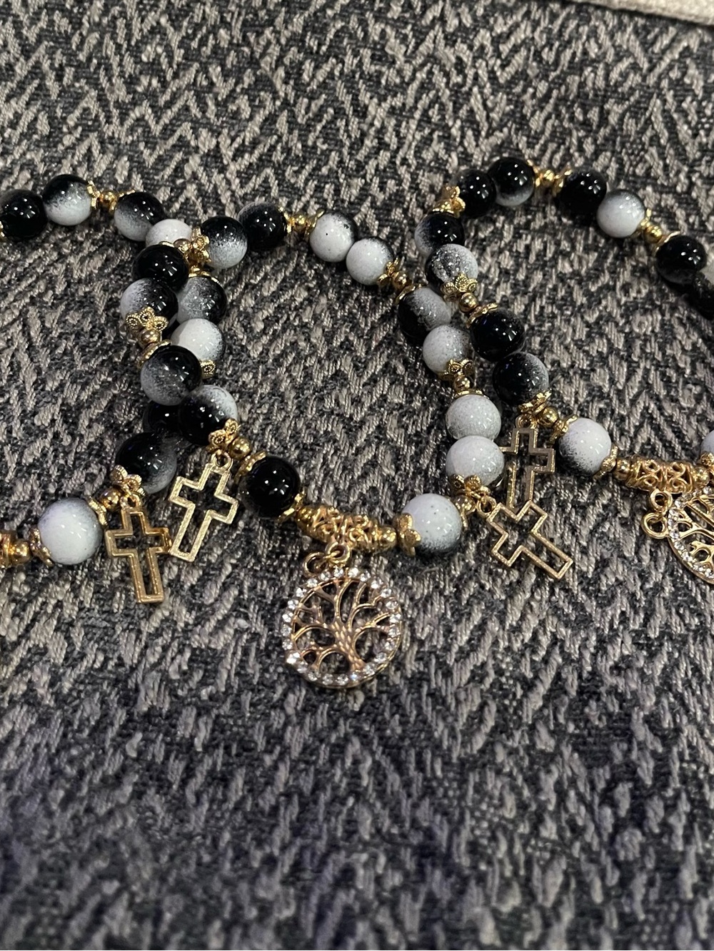 Set of 3 Glass Black & White Beaded Bracelet Set with Gold Cross & Tree Charms